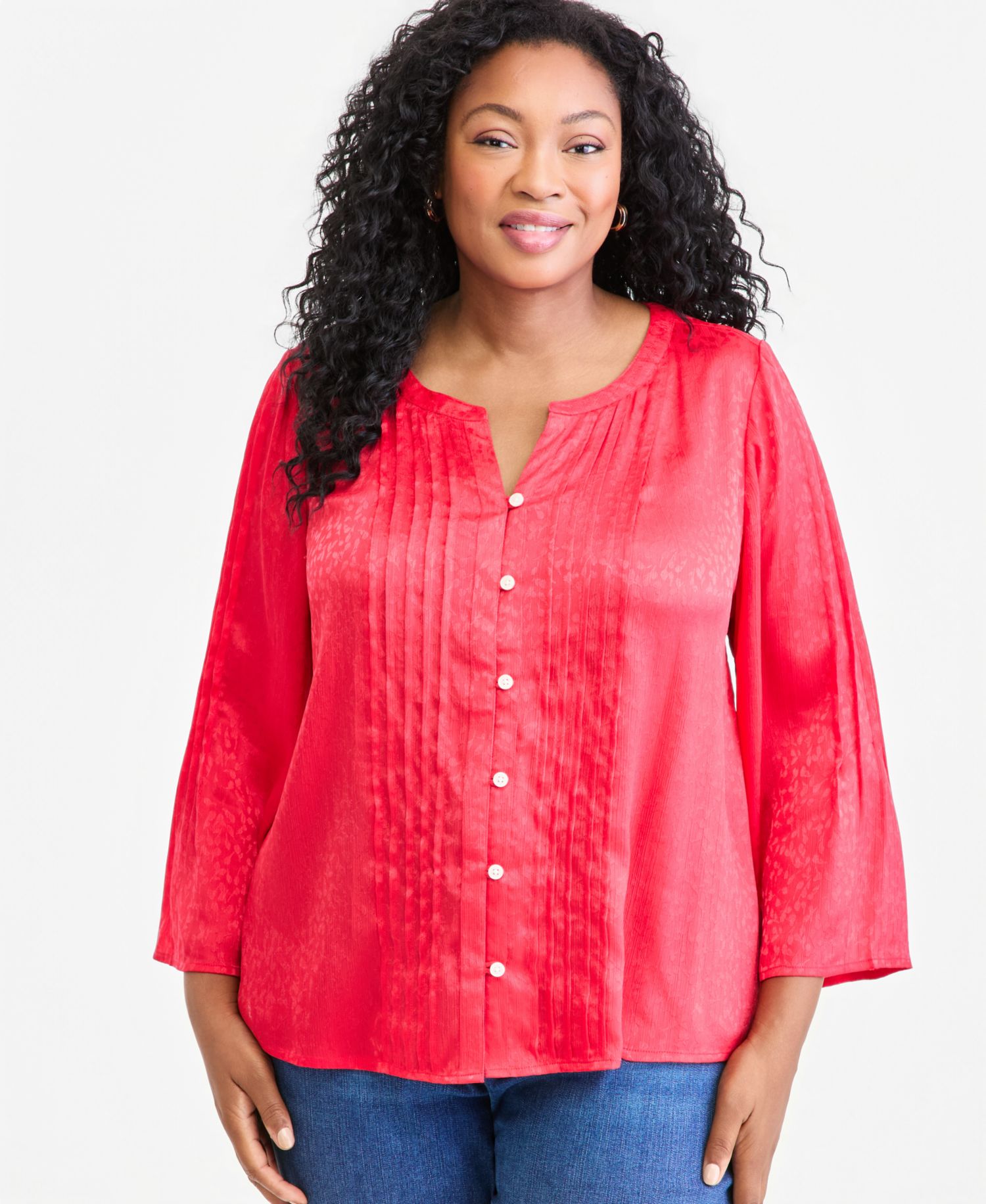 Petite Satin Bell-Sleeve Pintuck Blouse