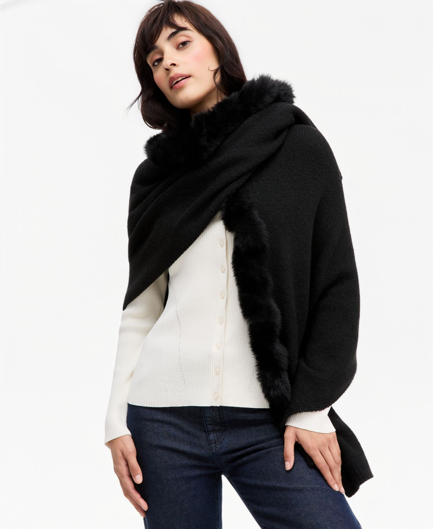 Women's Knit Twisted Faux-Fur-Trim Wrap