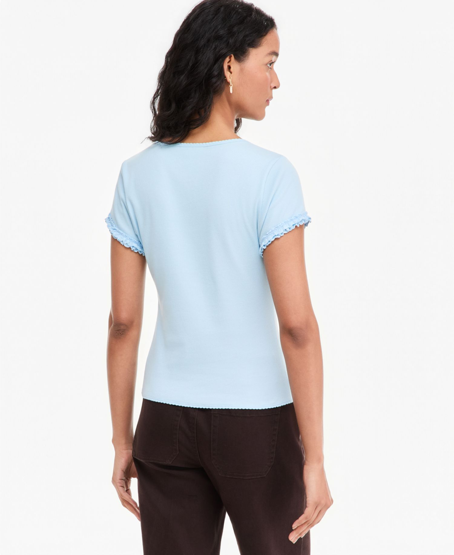 Women's Ruffle-Trim Button-Front Short-Sleeve Ribbed Top