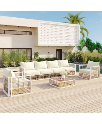 7 Piece Metal Patio Sectional Sofa Set with Water Resistant Cushions and Table-Asagikoiai