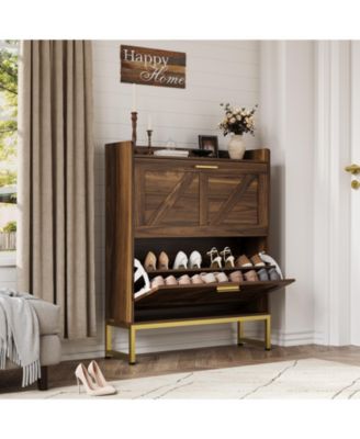 Entryway shoe cabinet with double-layer flip-top drawers, adjustable shelves, and a dust-proof back panel freestanding entryway storage cabinet