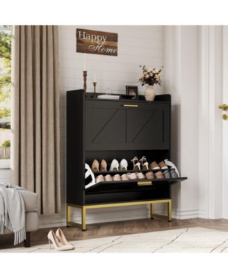 Entryway shoe cabinet with double-layer flip-top drawers, adjustable shelves, and a dust-proof back panel freestanding entryway storage cabinet