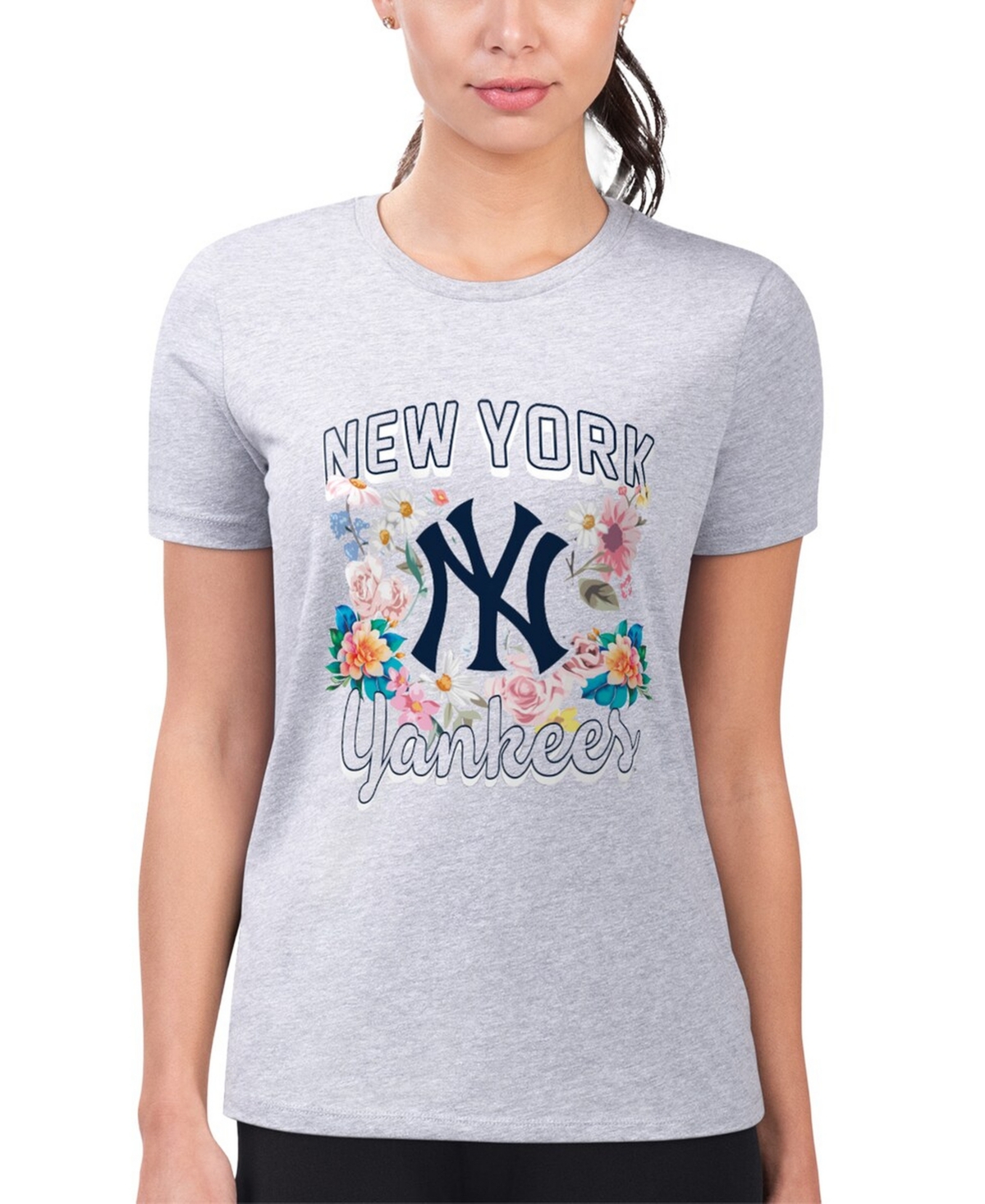 G-iii 4Her by Carl Banks Women's Heather Gray New York Yankees Super-Slim Fit Lightweight Flowers Graphic T-Shirt