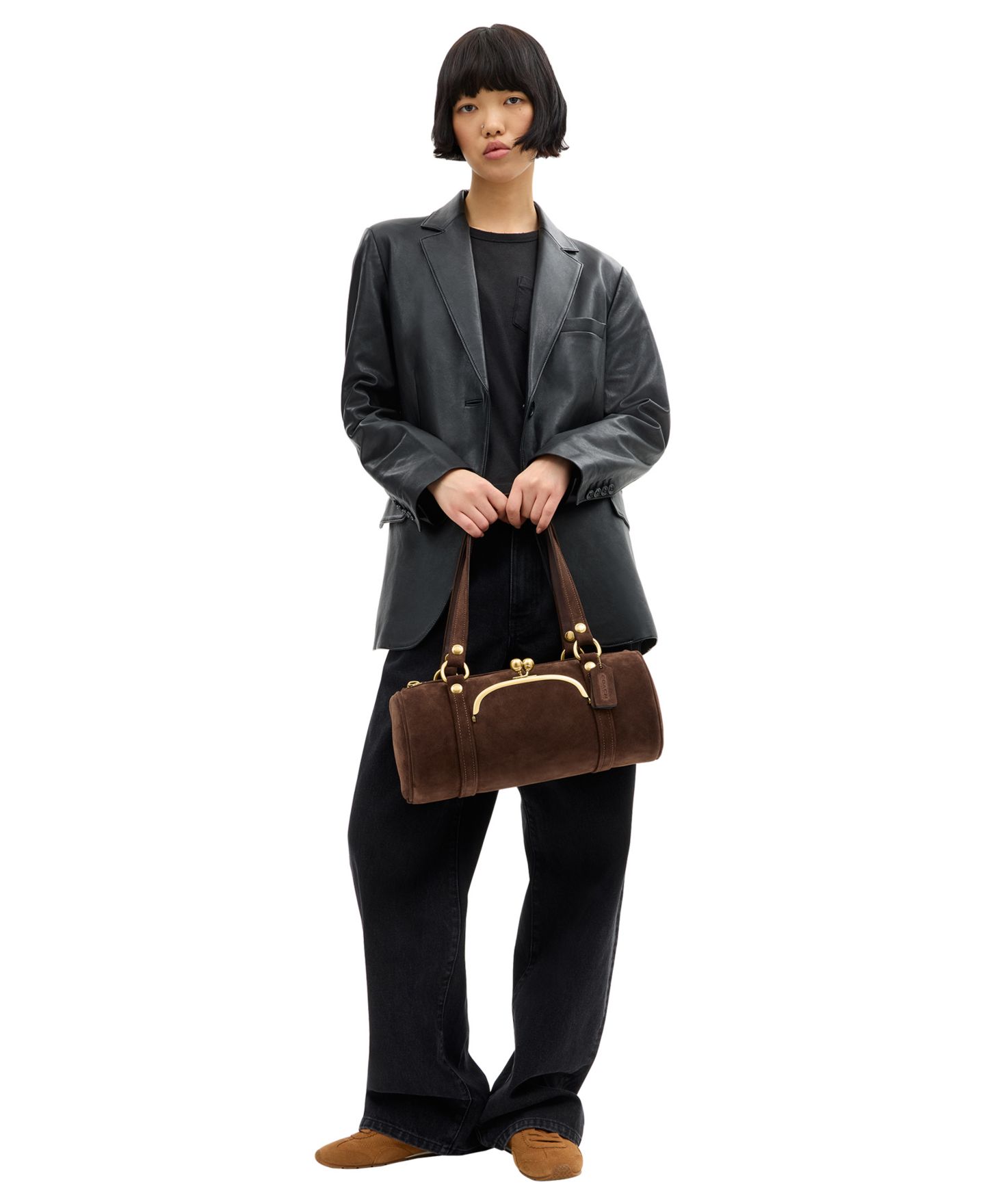 Женская сумка COACH Originals Kisslock Small Suede Barrel 28, цвет: Латунный / Шоколадный — фото 4