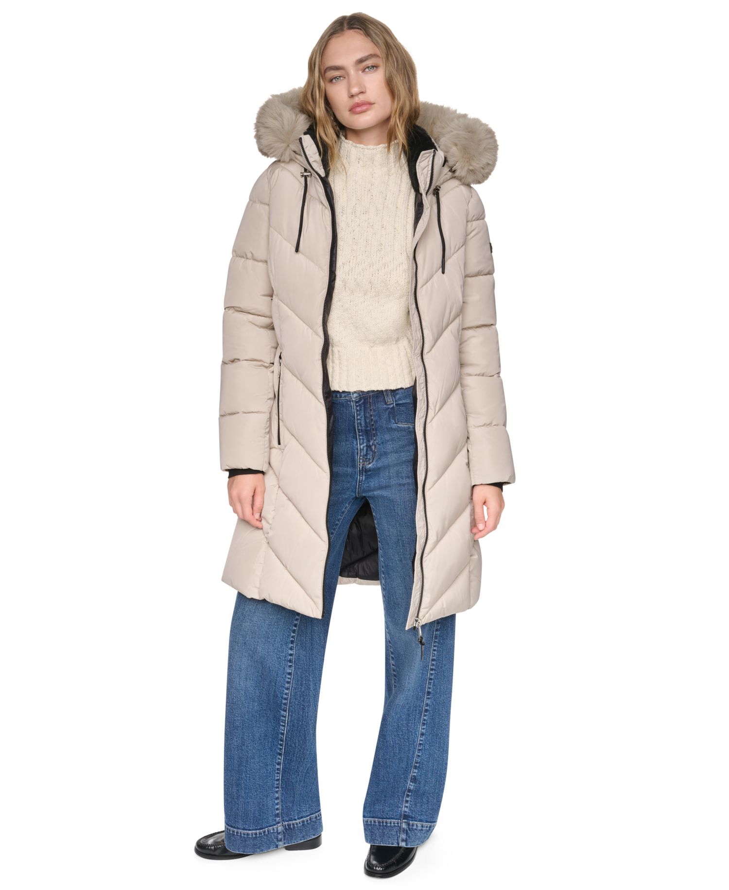 Women's Walker Length Puffer with Faux Fur Trimmed Hood Coat