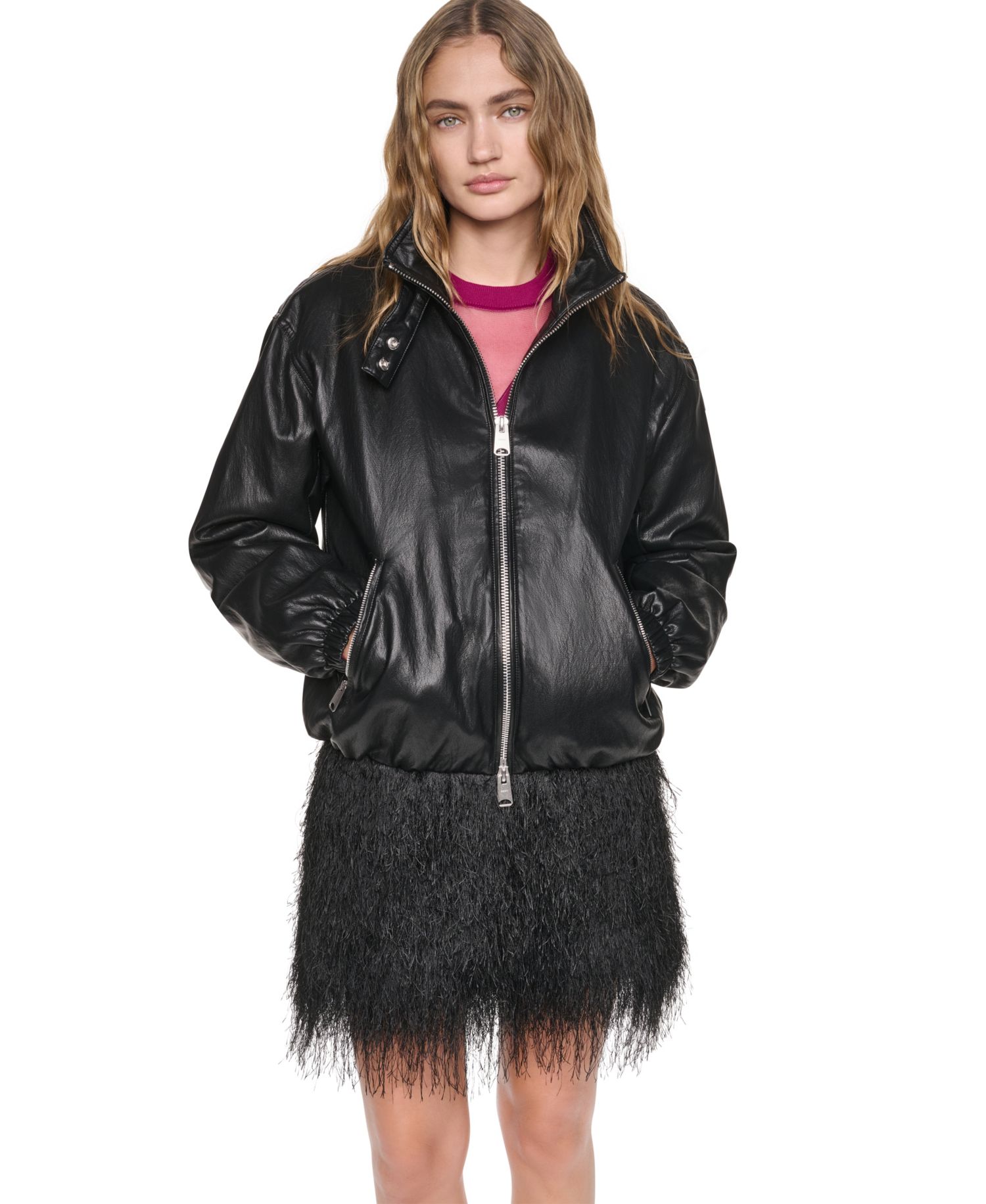 Petite High-Collar Faux-Leather Bomber Jacket