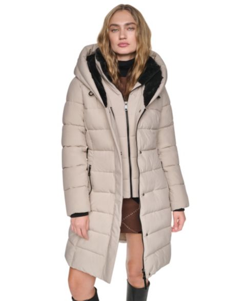 Женское пальто DKNY Walker с поясом, капюшоном и нагрудником из искусственного меха, цвет: Берёзовый