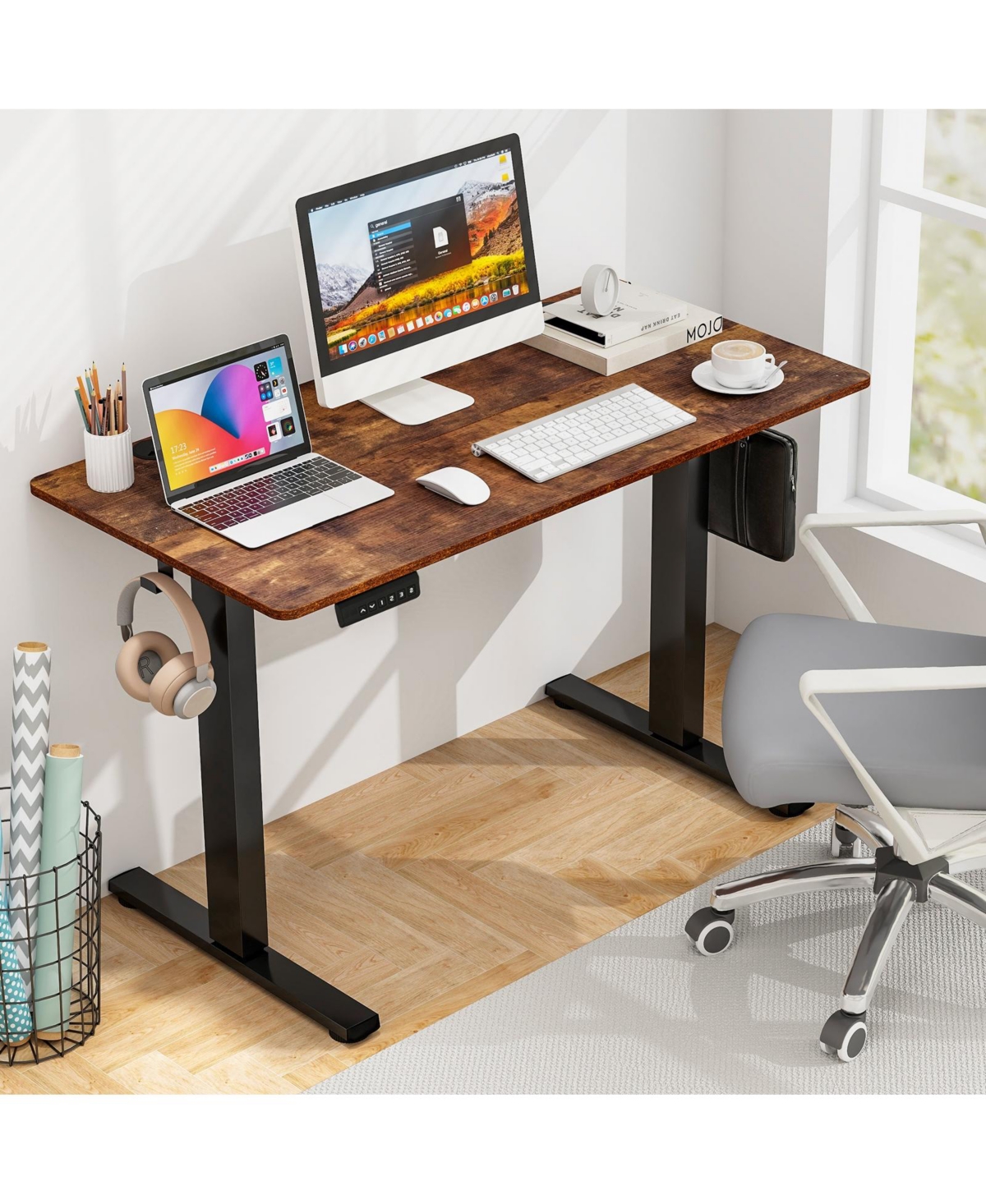 Gouun Electric Adjustable Standing Desk with Two Hanging Hooks and Led Display