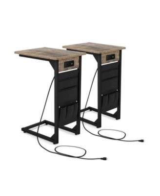 Set of 2 C-Shaped End Tables with 2 Outlets, 2 USB Ports and 5 Storage Bags, 16 x 12 in