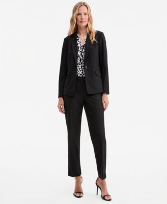 Women's Washable Notch-Collar One-Button Jacket, Printed Knot-Neck Sleeveless Blouse & Mid-Rise Fly-Front Slim Pants