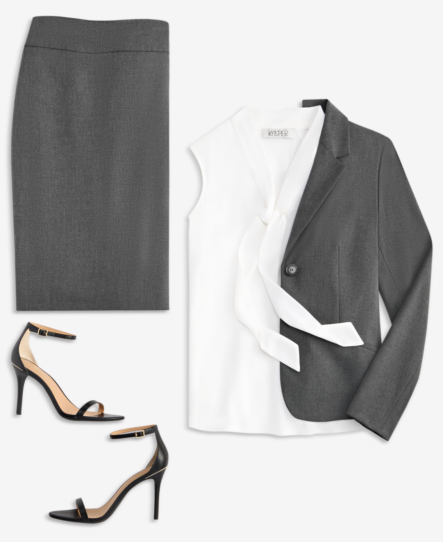 Women's Machine Washable Two-Button Jacket, Sleeveless Tie-Neck Top & Back-Zipper Pencil Skirt