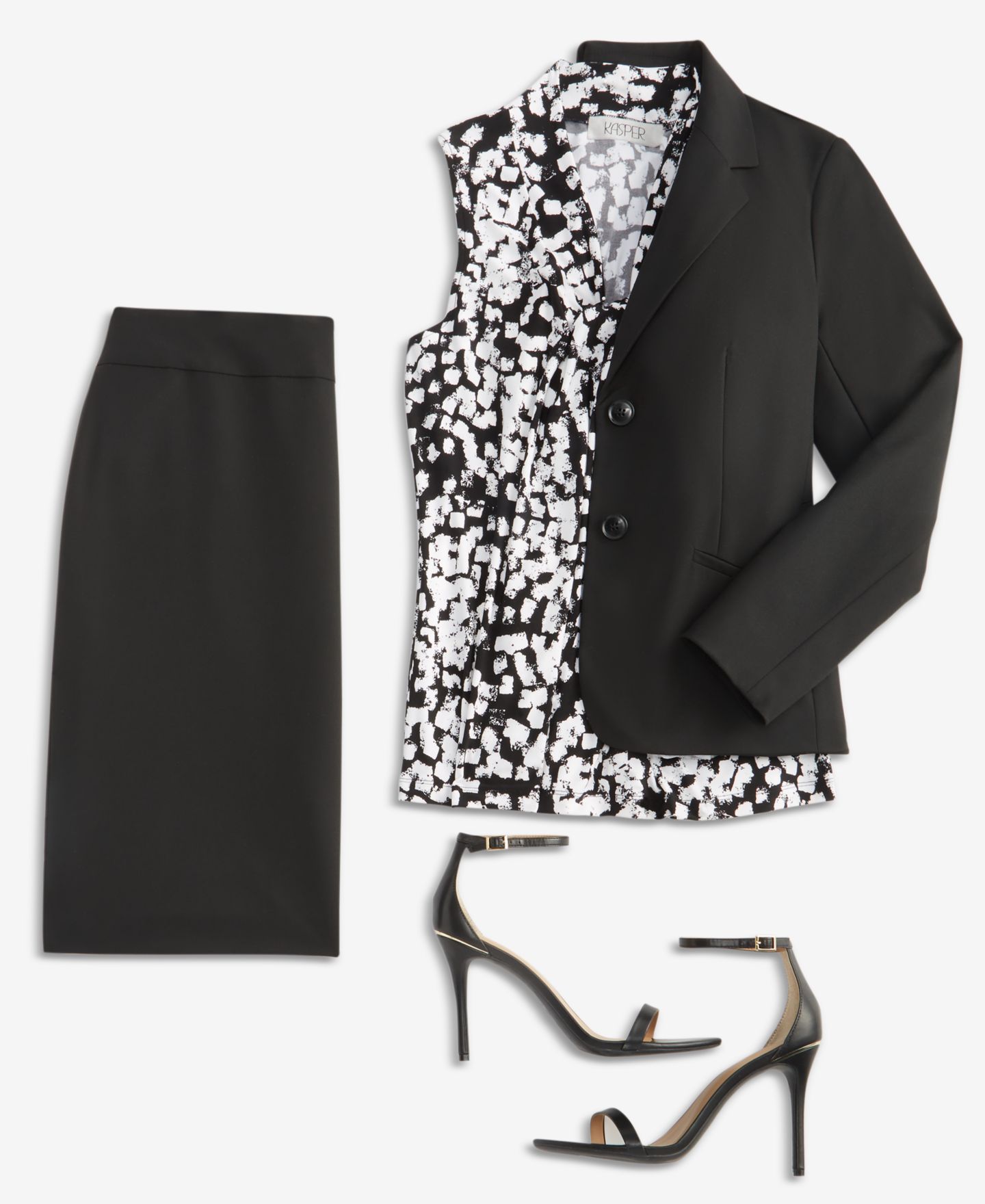 Женские комплекты Kasper Machine Washable Two-Button Jacket, Printed Knot-Neck Sleeveless Blouse & Back-Zipper Pencil Skirt, цвет: Чёрный — фото 4