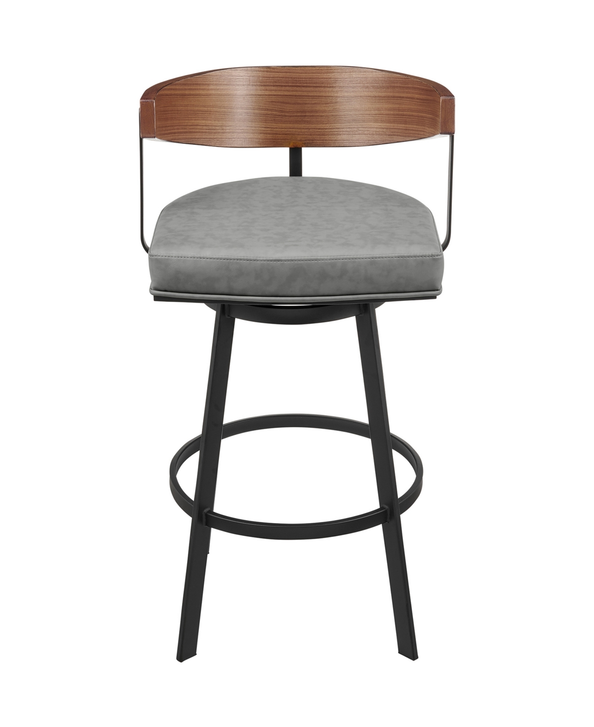Lacey 30in Swivel Bar Stool in Black Iron with Walnut Finish and Vintage Gray Faux Leather
