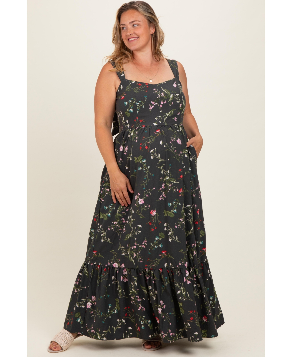 Pinkblush Plus Forest Green Floral Bow Strap Maxi Dress