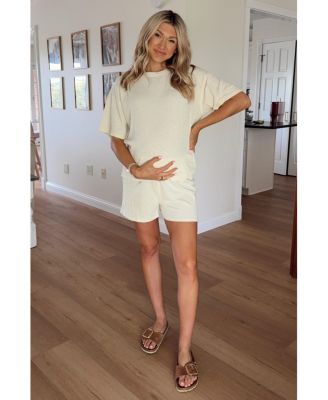 Maternity Cream Ribbed Short Sleeve Short Set