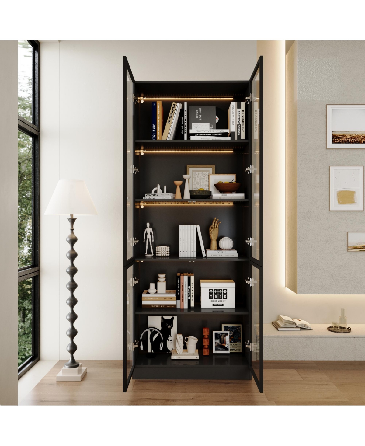 Homsee Modern 4-Door Led Bookcase Aluminum Frame Glass Display Cabinet Living Room Storage