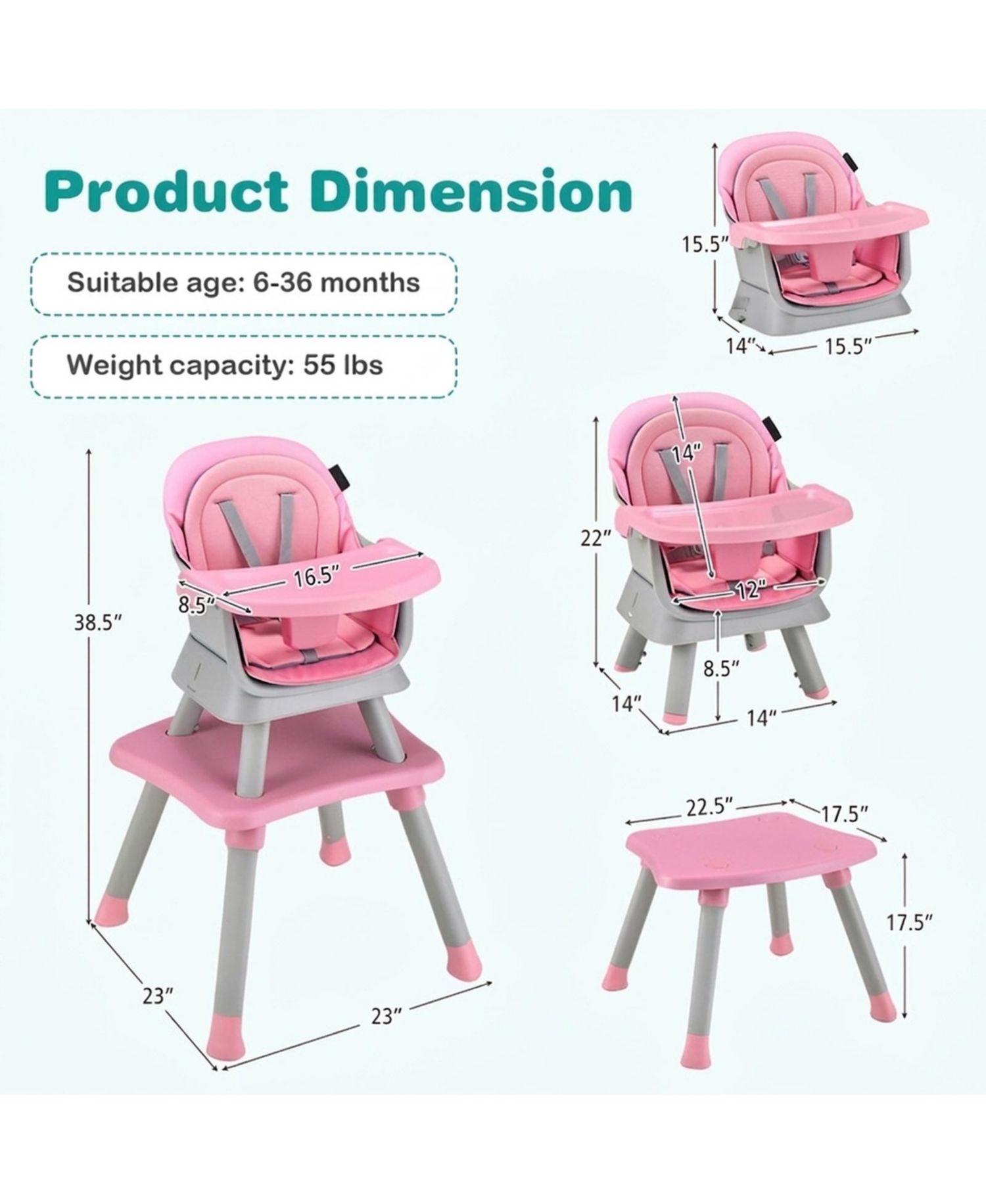Toddler 6 in 1 Convertible High Chair with Adjustable Removable Tray and Booster