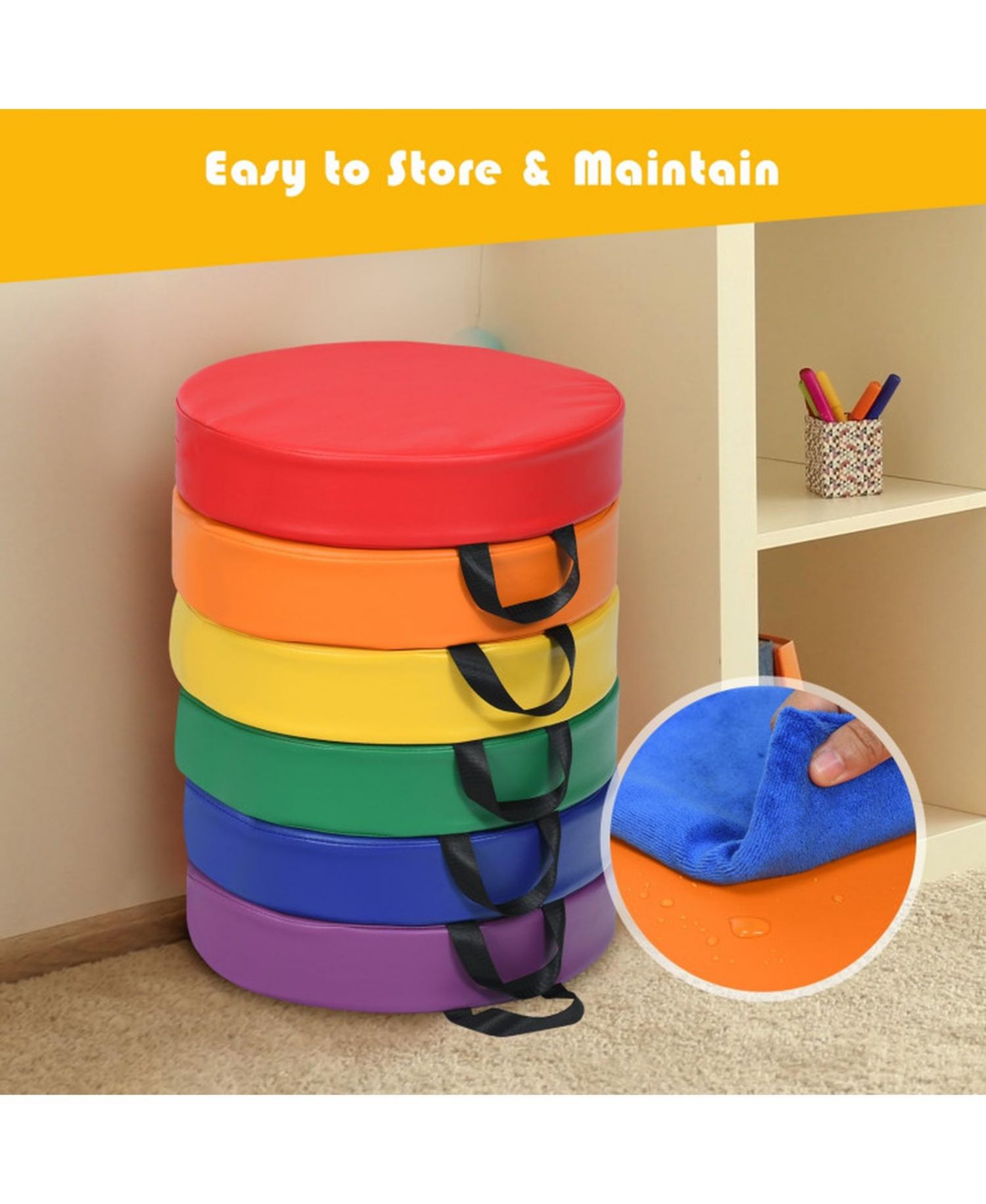 Toddler 6 Pack 15 Inch Round Floor Cushions Set for Daycare and Playroom