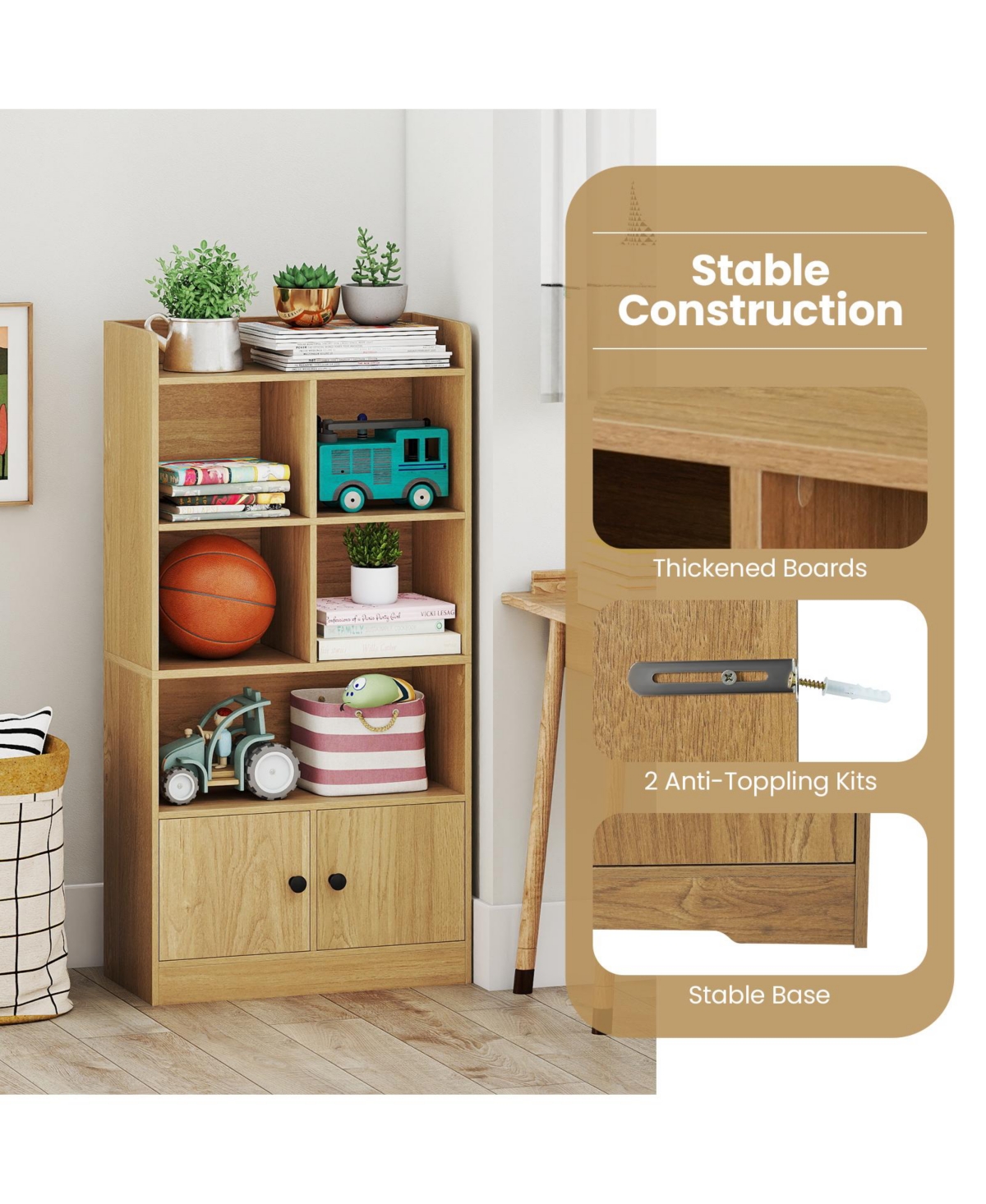 Slickblue Modern 4-Tier Bookshelf with 4 Cubes and 2 Storage Doors