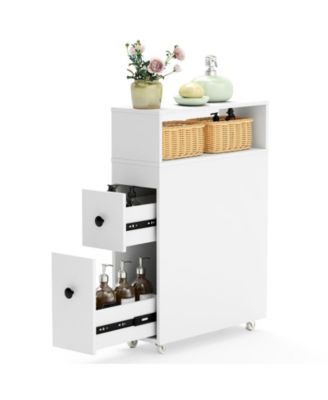 Slim Bathroom Cabinet Wooden Toilet Organizer with Deep Slide Out Drawers