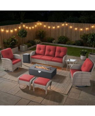 8 Piece Patio Furniture Set with 43" Fire Pit Kit Set Wicker Rattan Outdoor Sofa Set with Swivel Rocker Chairs and Thickened Cushions