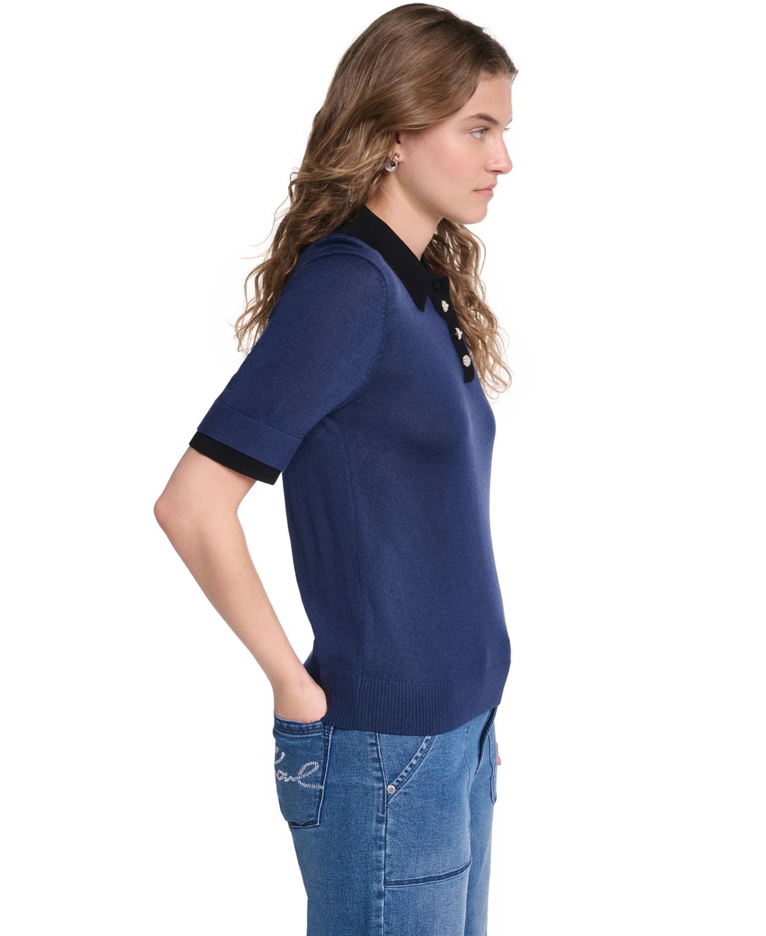 Petite Short-Sleeve Contrast Collar Sweater