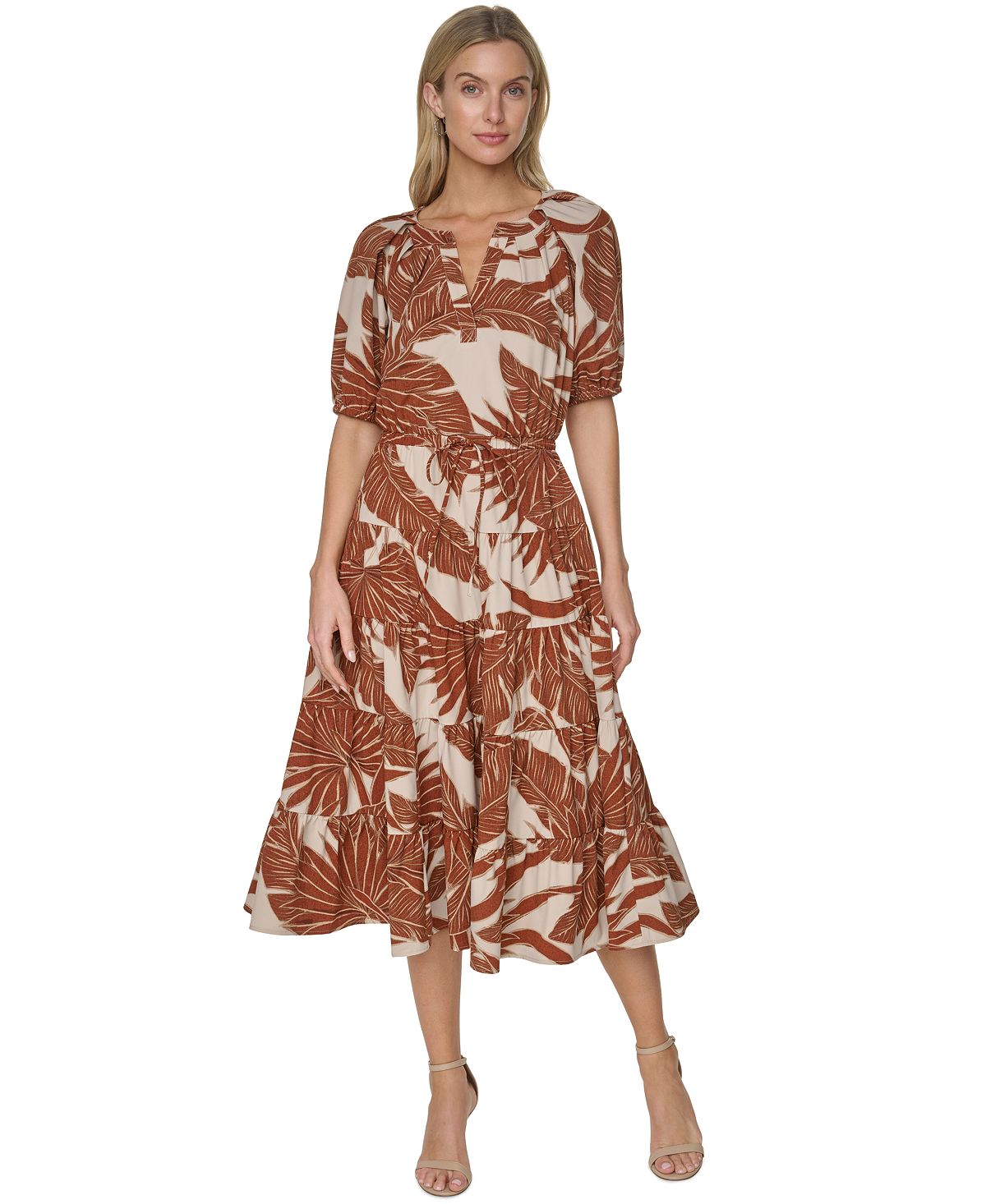 Calvin Klein Women's Puff-Sleeve Floral Tiered Midi Dress view 1 — MAYCSS fashion products