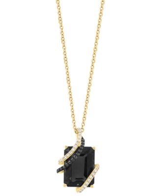 Onyx, White Diamond (1/10 ct. t.w.) & Black Diamond (1/20 ct. t.w.) Pendant Necklace in 14k Yellow Gold