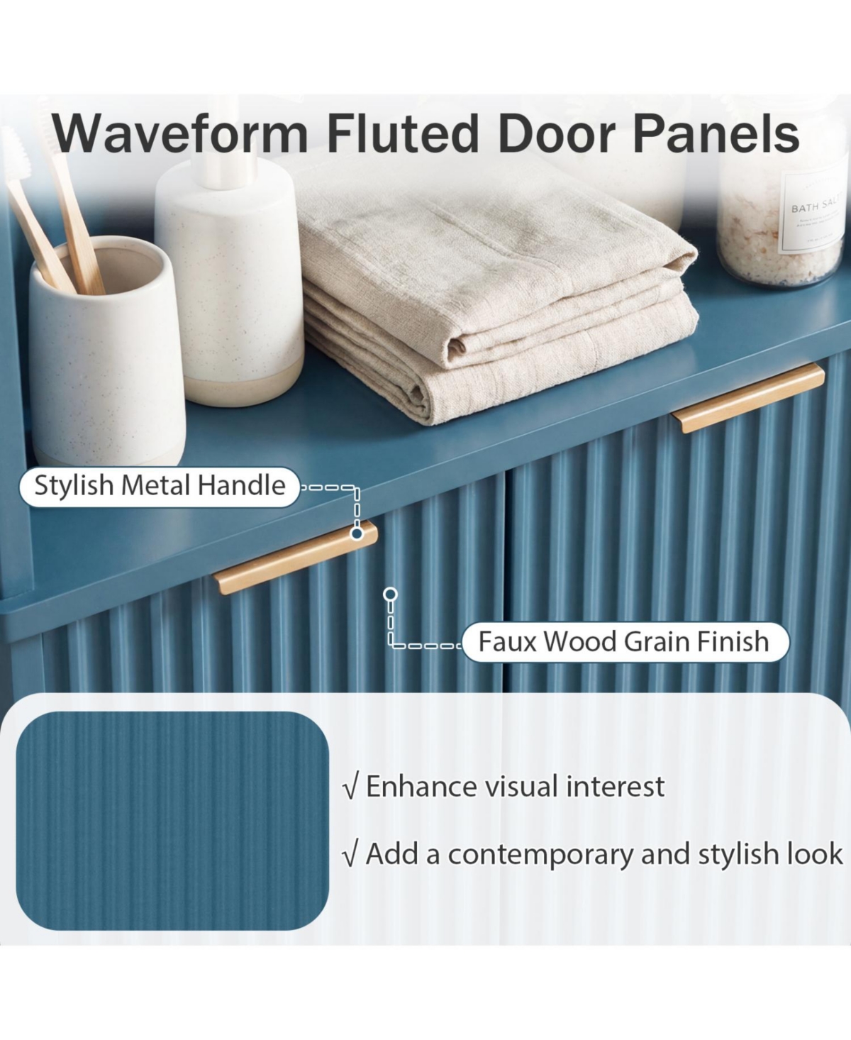 Volenca 68-in Tall Bathroom Floor Storage Cabinet with Fluted Doors, 55-lb per Shelf