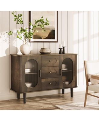 47.2 Inch Mid-Century Fluted Glass Sideboard with 3 Drawers, Adjustable Shelves and Anti-Wobble Base, Coffee Bar and Entryway Credenza