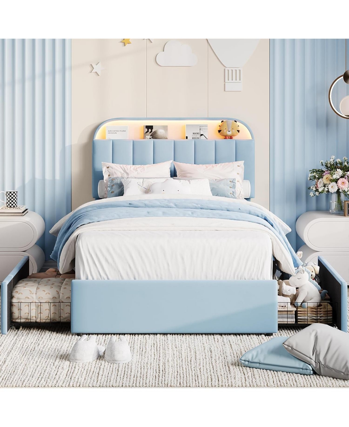 gaomon Bed Frame with 2 Flexible Drawers, Upholstered Platform Bookcase Headboard and Led Lights