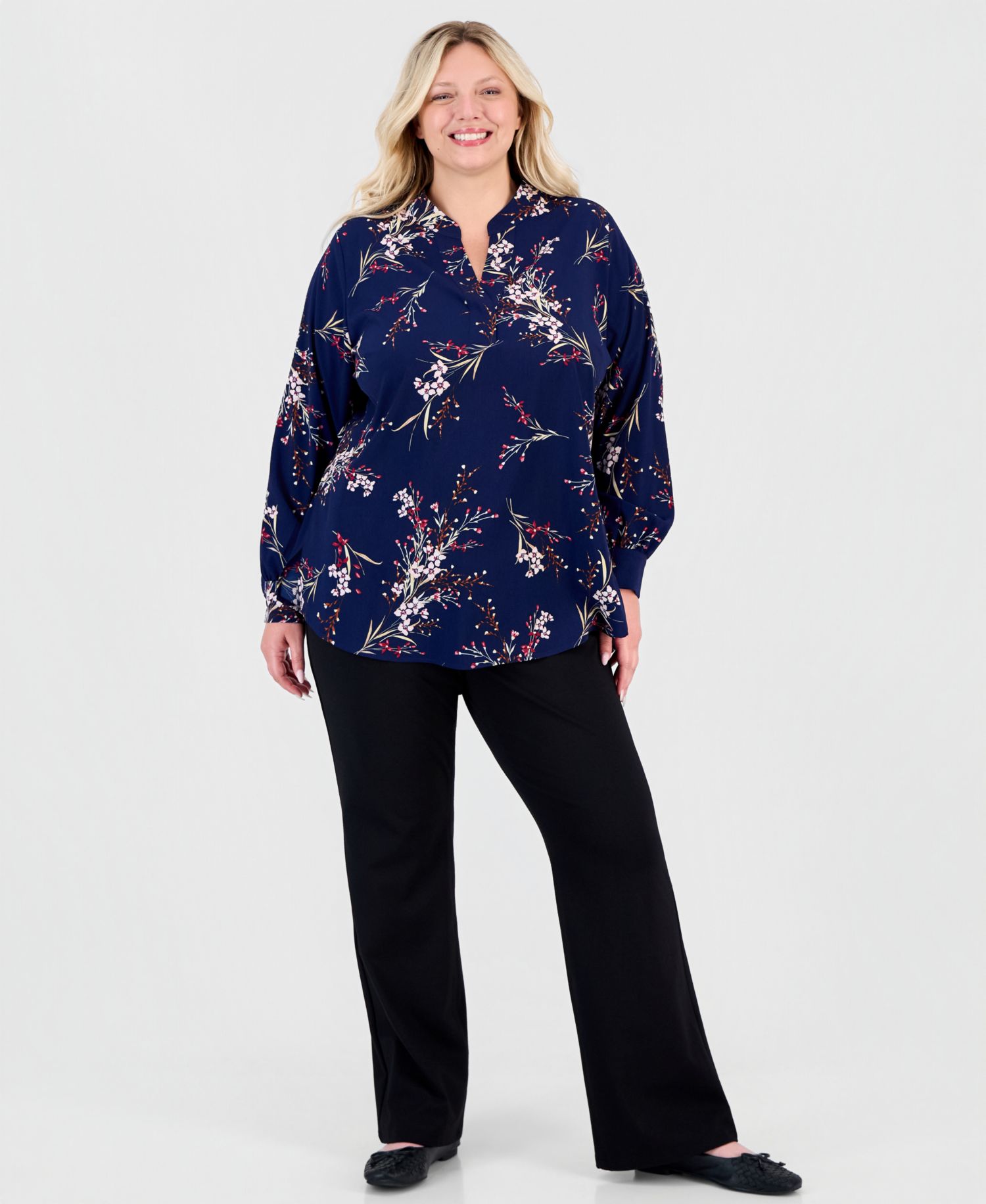Plus Size Split V-Neck Printed Popover Top