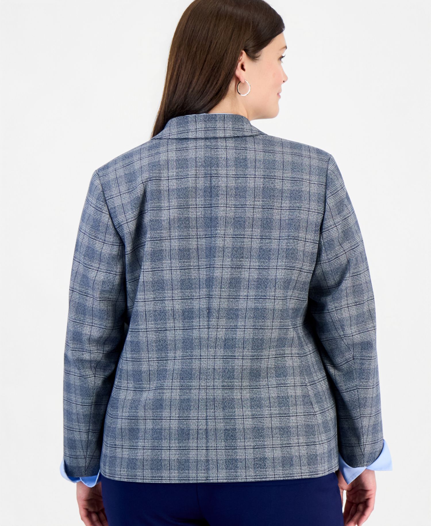 Plus Size Faux Double-Breasted Plaid Patch-Pocket Blazer