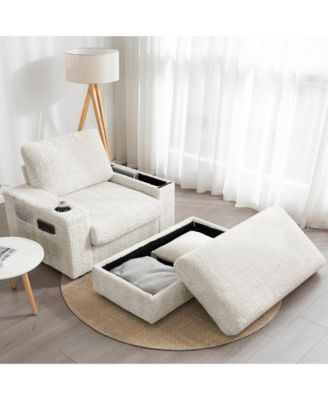 42" Oversized Single Sofa, Faux Rabbit Fur Armchair with Cup Holders, Storage Armrest and Ottoman, Deep Seat Recliner for Living Room