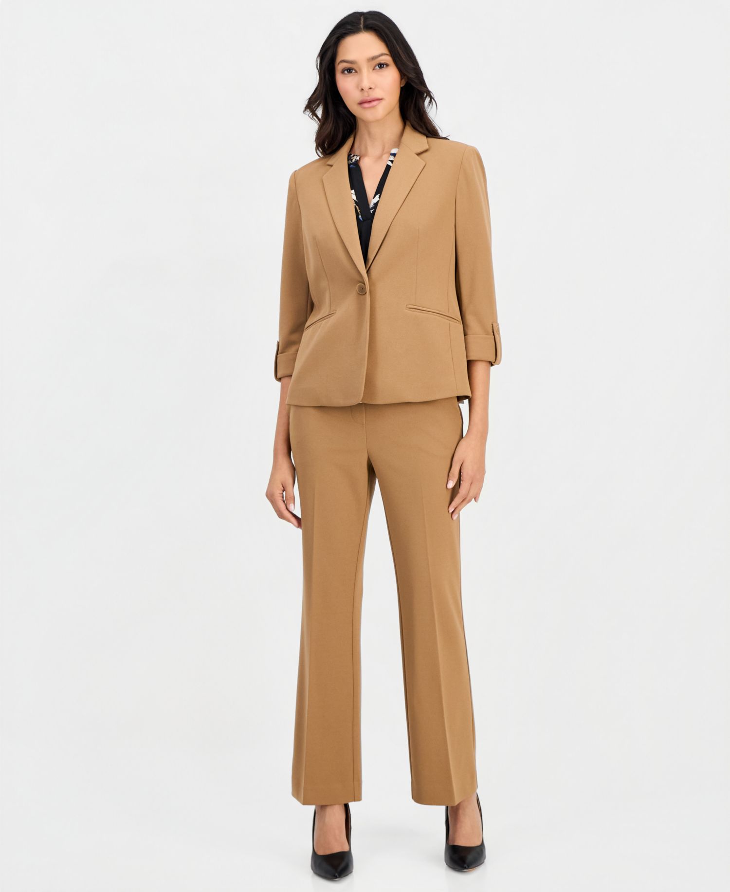 Petite 3/4-Sleeve One-Button Blazer, Printed Elbow-Sleeve Split-Neck Top & Pull-On Straight-Leg Pants