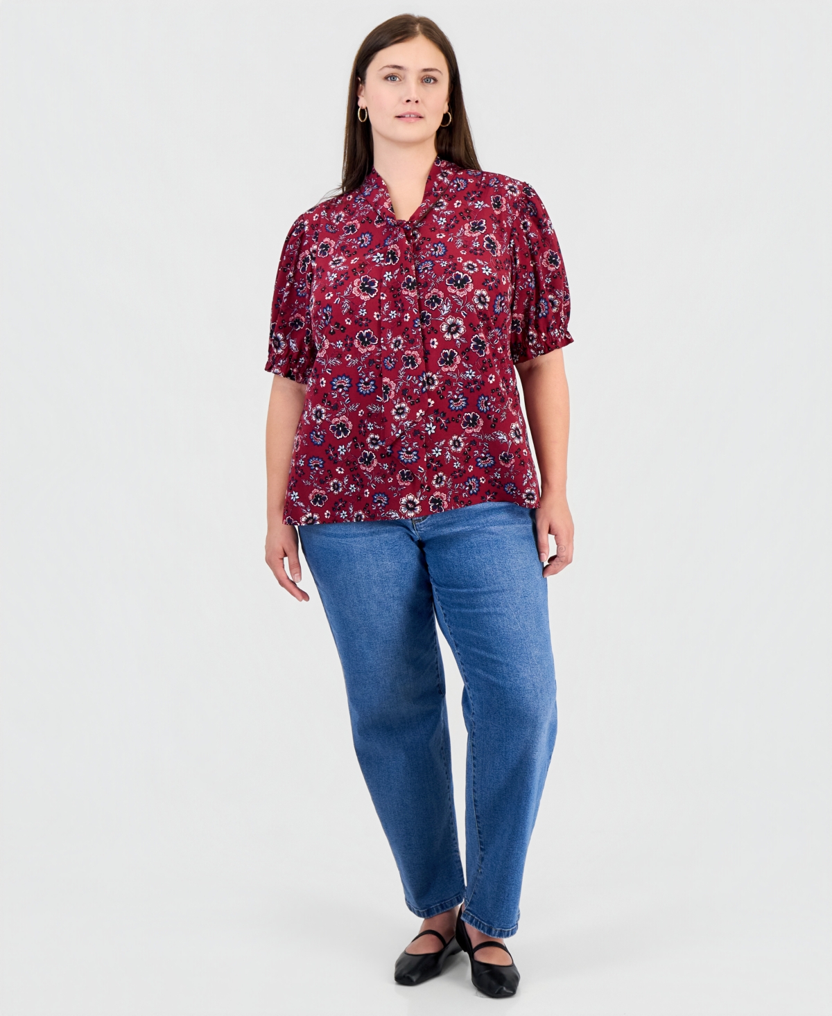 Jones New York Plus Tie Neck Printed Puff Short-Sleeve Top