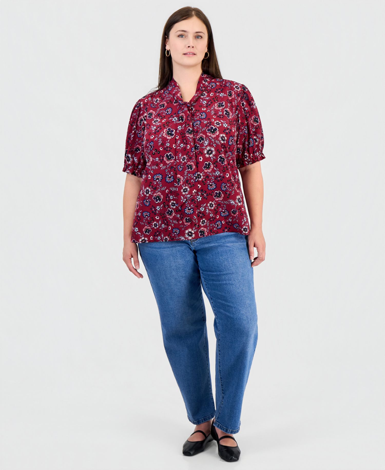 Plus Size Tie Neck Printed Puff Short-Sleeve Top