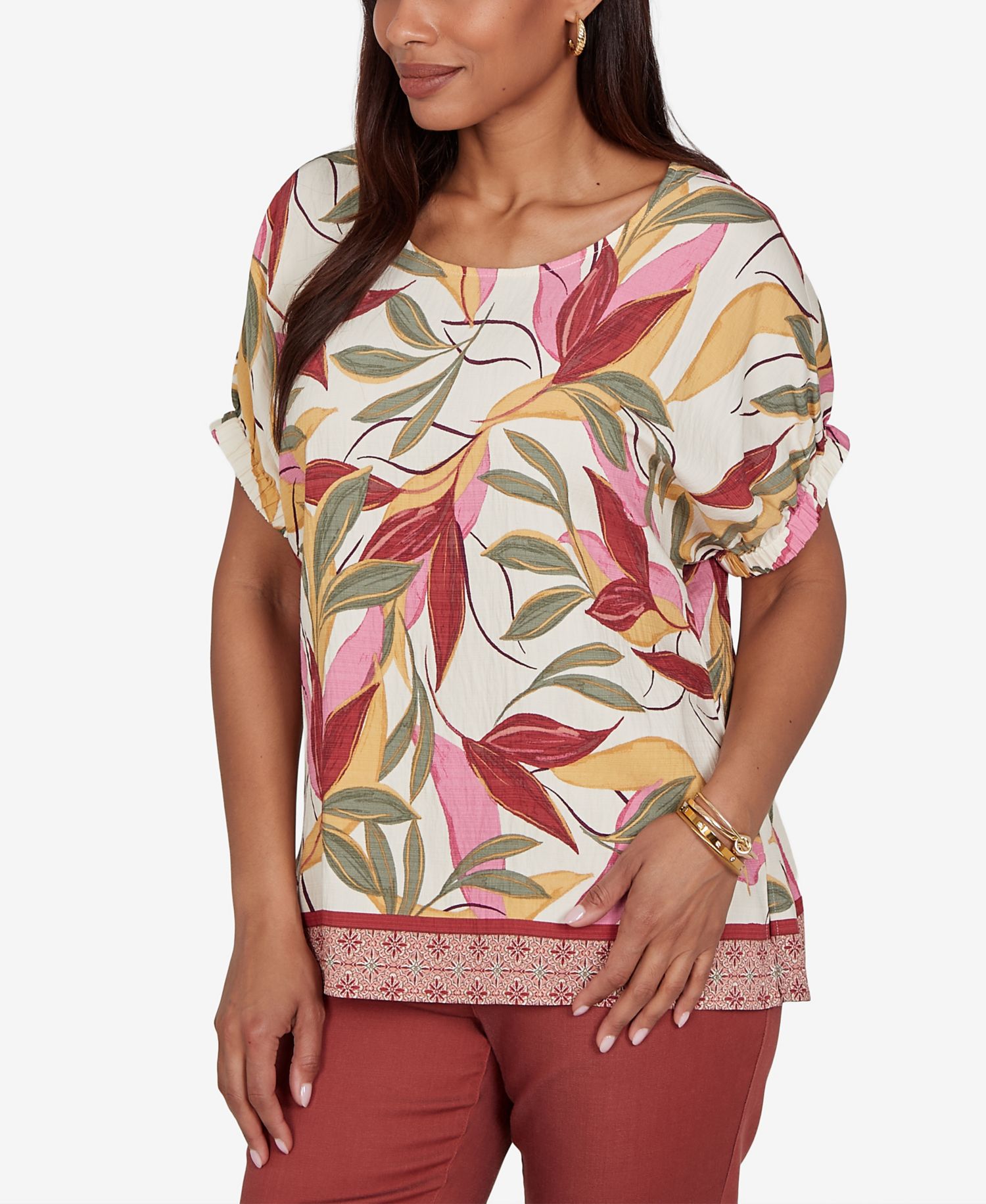 Petite Textured Leaf Print Short-Sleeve Top