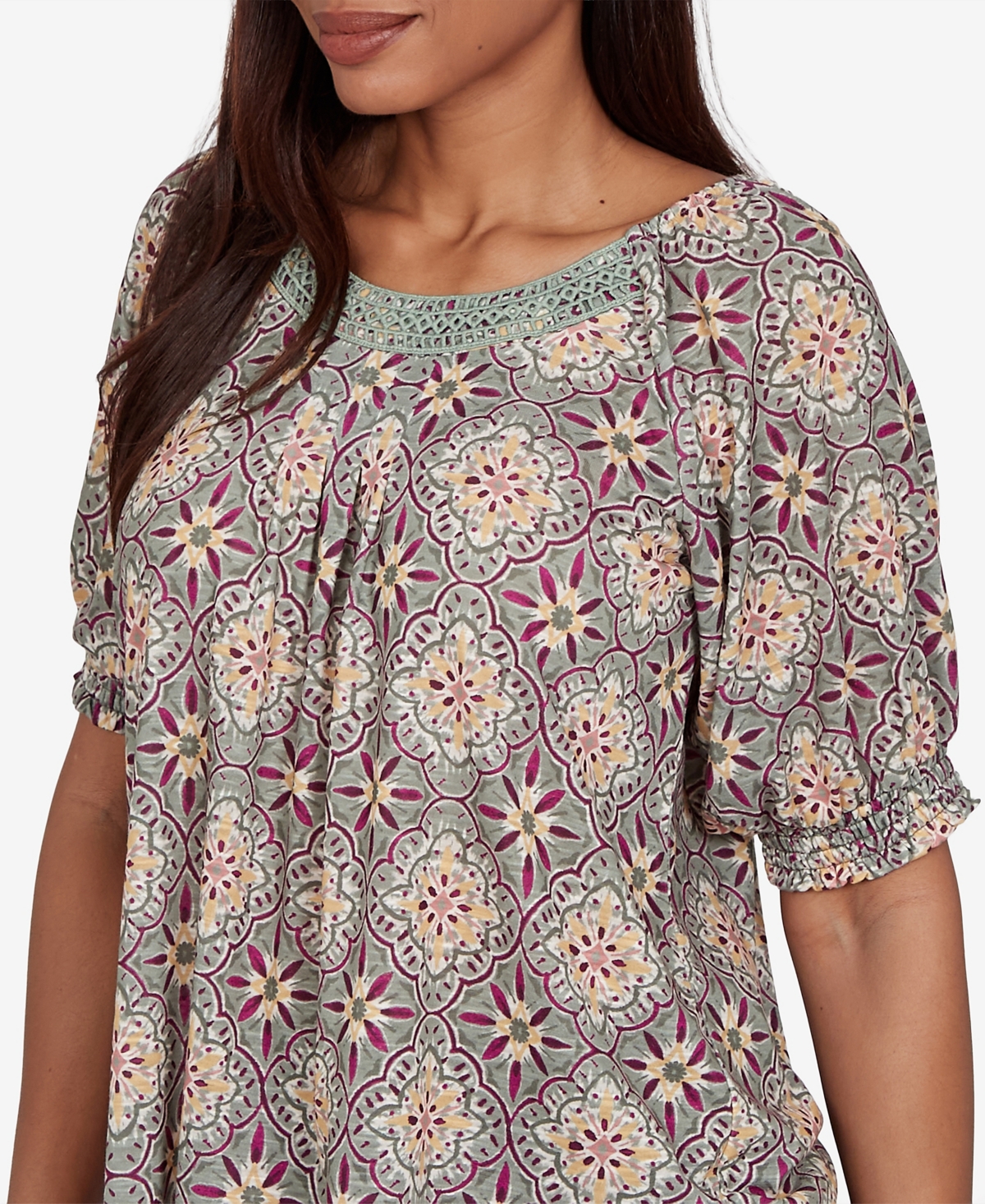 Ruby Rd. Petite Desert Geo Print Lace Trim Knit Top