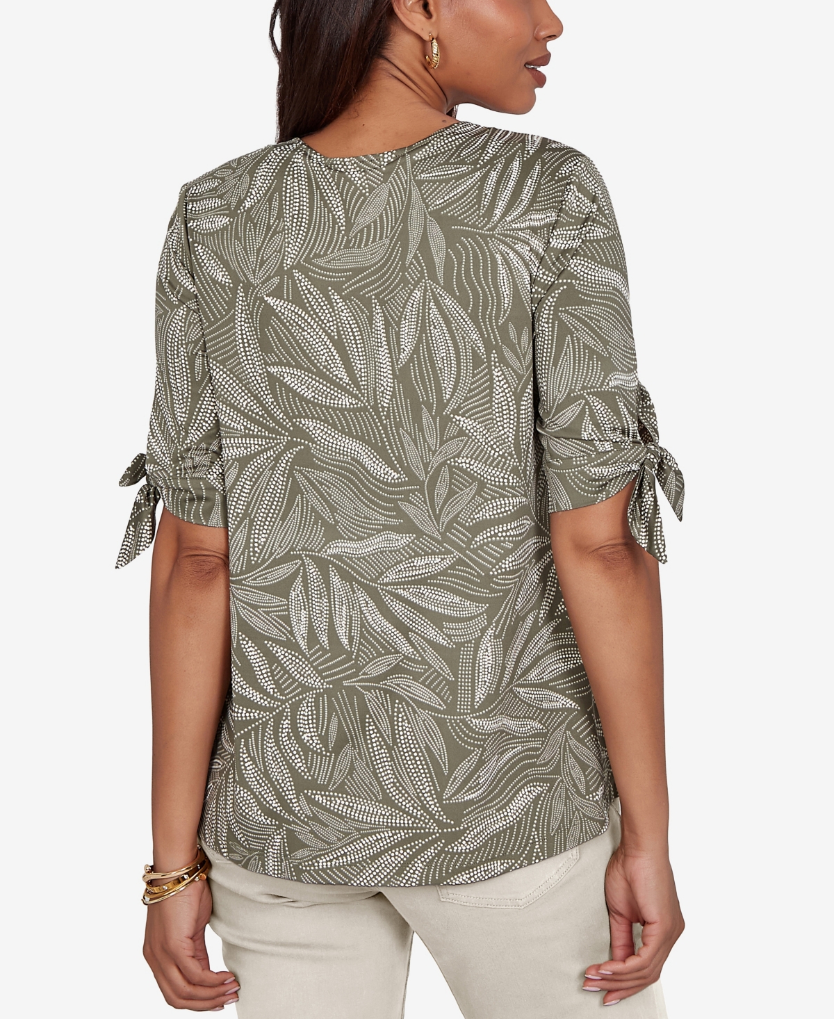 Ruby Rd. Petite Leaf Puff Print Knit Tie Sleeve Top