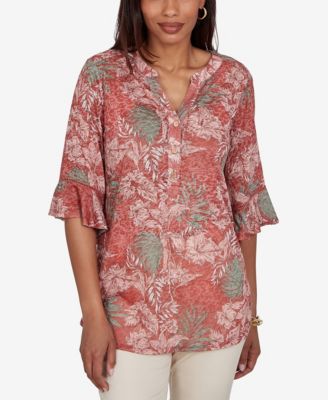 Petite Tropical Floral Burnout Split Neck Top