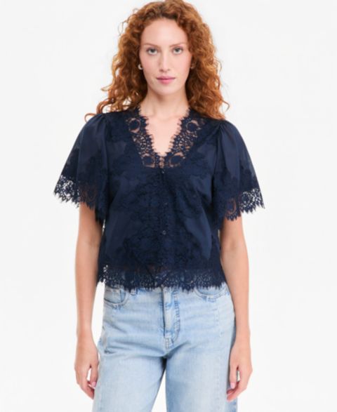 Женская блузка On 34th Lace-Trim Button-Front Blouse, цвет: Тёмно-синий