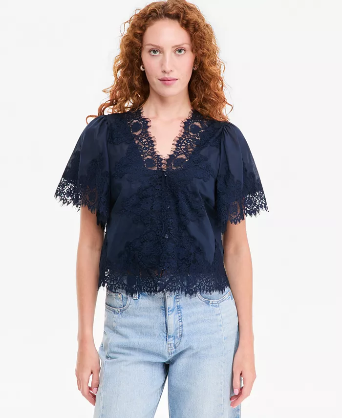 Women's Lace-Trim Button-Front Blouse - thumbnail 5
