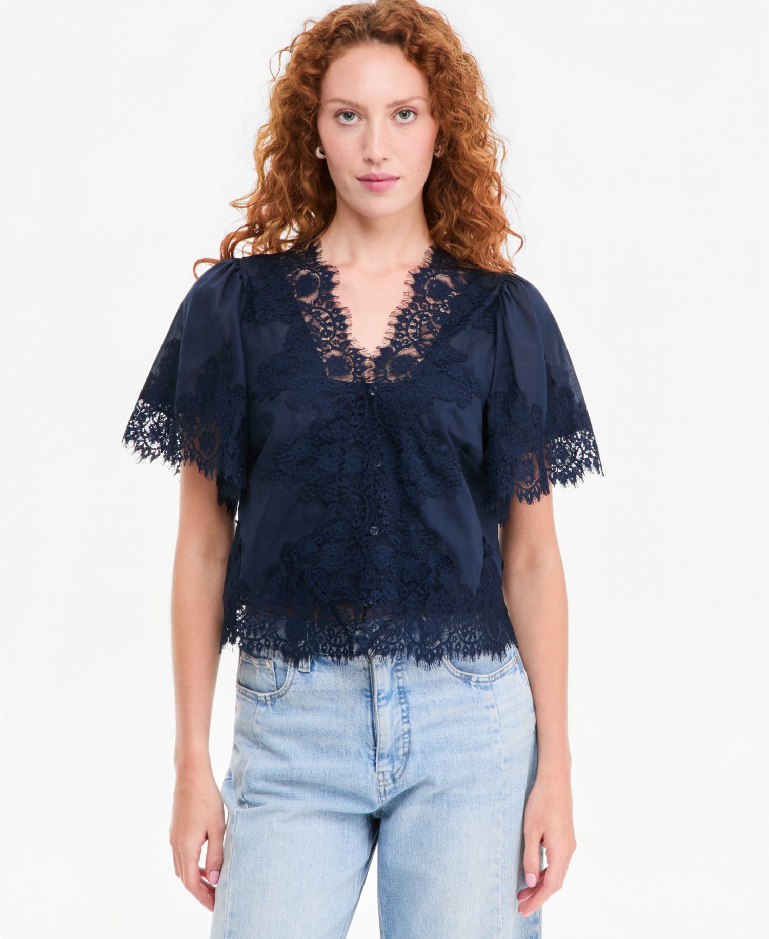 Women's Lace-Trim Button-Front Blouse