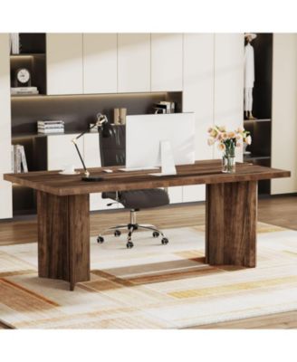  Executive Desk, Vintage Office Computer Desk with Large Tabletop, Farmhouse Wood Writing Conference Table Workstation