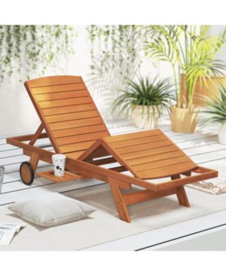 Outdoor Chaise Lounge Chair with Wheels 4-Position Patio Wood Recliner with Adjustable Backrest