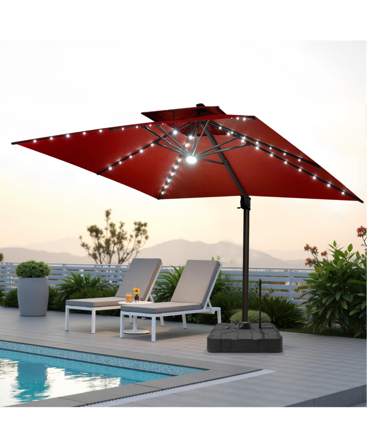 Pellebant Outdoor Patio 11x11Feet Aluminum Double Canopy Solar Lights Cantilever Umbrella with Rod Wheel Base