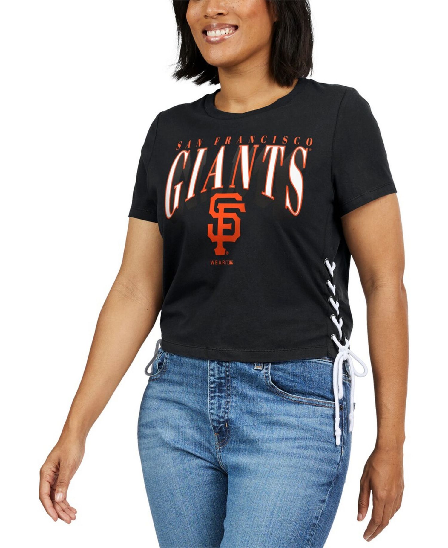 Women's Black San Francisco Giants Side Lace-Up Cropped T-Shirt
