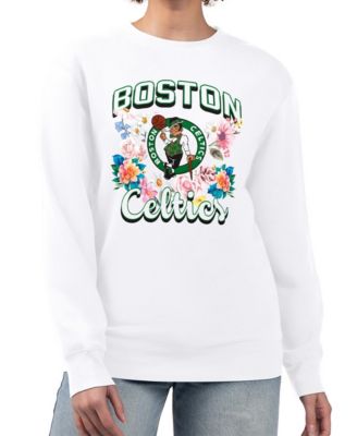 Women's White Boston Celtics Flowers Team Logo Graphic Fleece Crewneck Pullover Sweatshirt