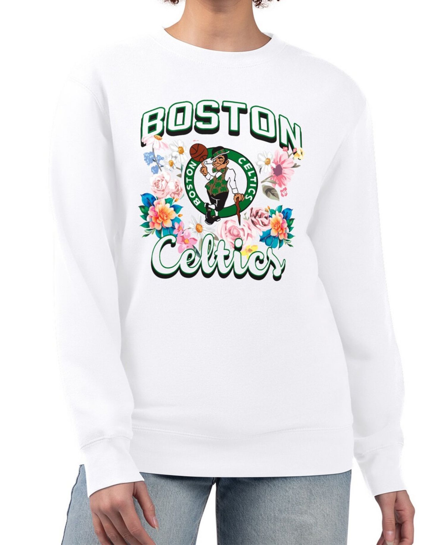 Women's White Boston Celtics Flowers Team Logo Graphic Fleece Crewneck Pullover Sweatshirt
